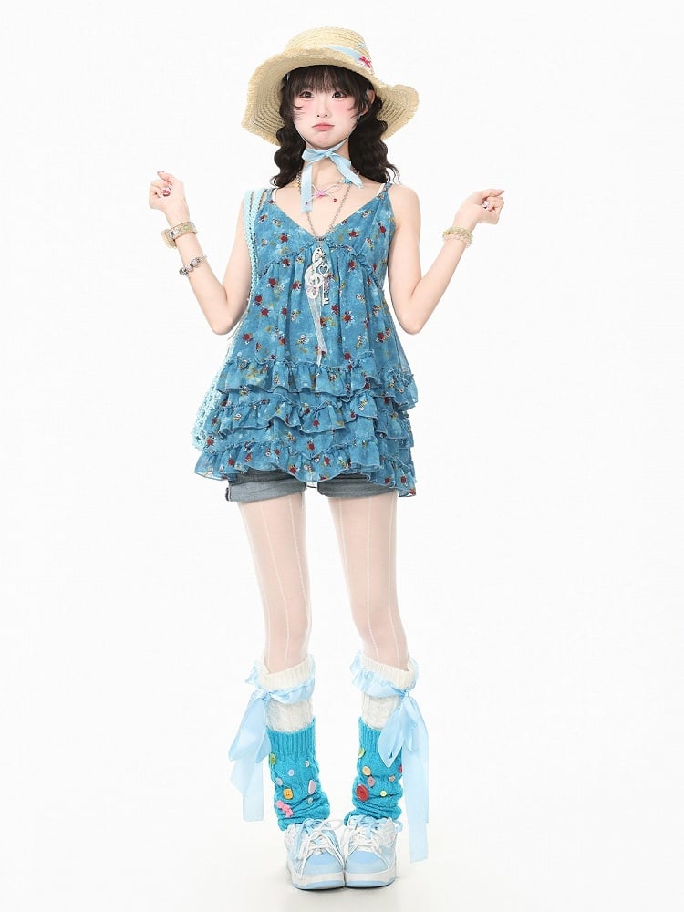 Blue V-Neck Cami Dress with Floral Print & Ruffle Accents - Languid Park