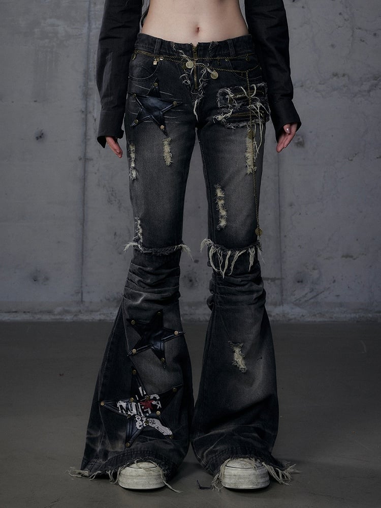 Patches Black PU Flared Rock Star Punk Wasteland Hem Washed Raw Jeans with