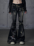 Patches Black PU Flared Rock Star Punk Wasteland Hem Washed Raw Jeans with