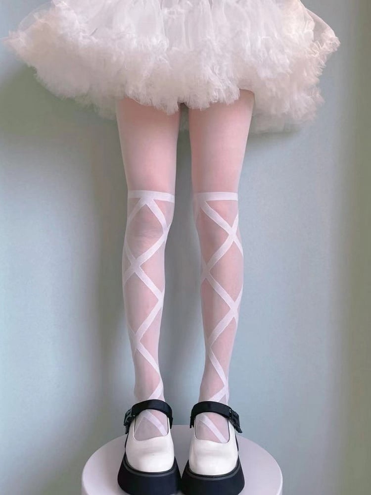 Black/White Lolita Pantyhose Semi-sheer Banded Crisscorss Print