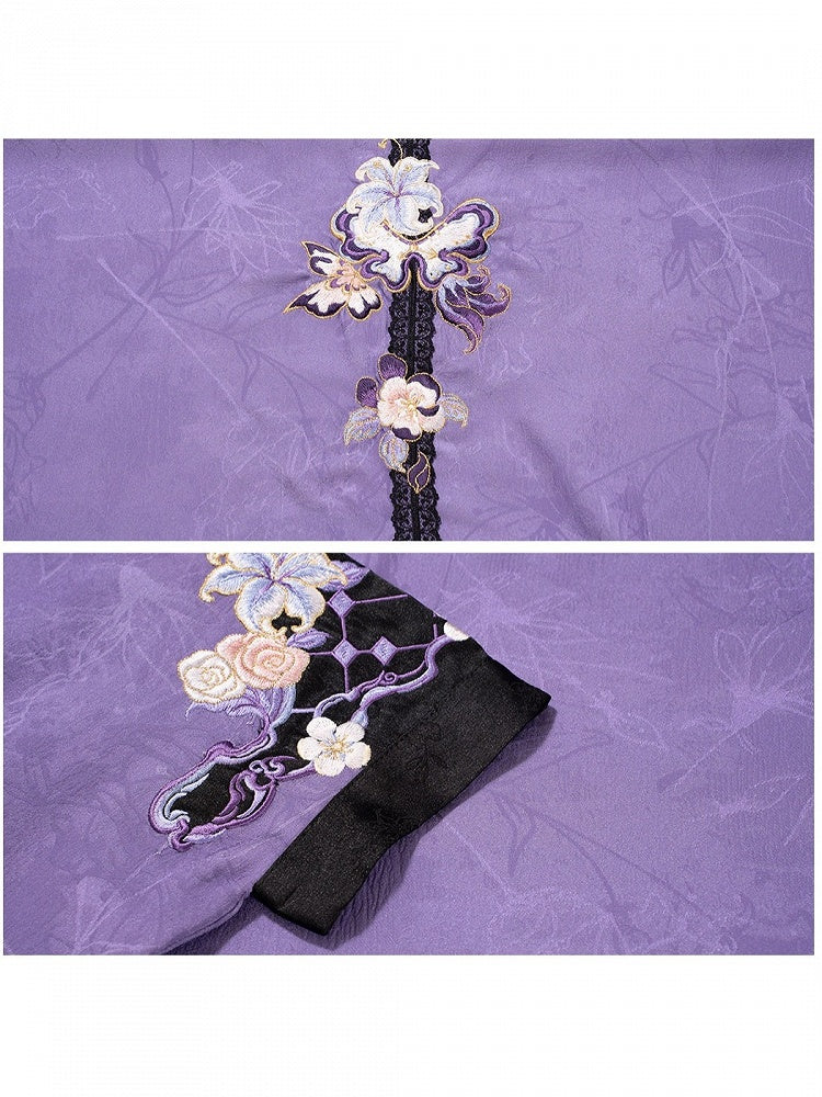 Purple Hanfu-Inspired Lolita Top with Jacquard Weave & Floral Embroidery - Hua Xian Ji Hanfu