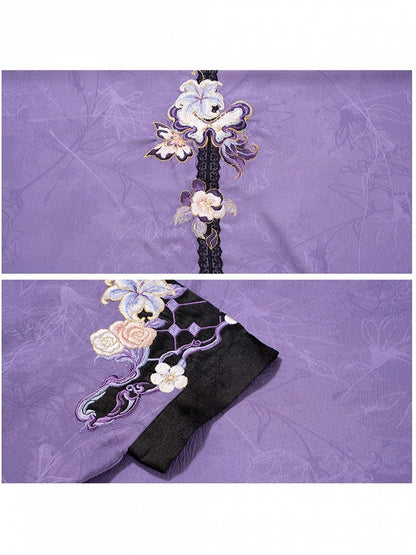 Purple Hanfu-Inspired Lolita Top with Jacquard Weave & Floral Embroidery - Hua Xian Ji Hanfu