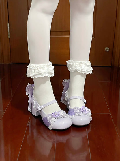 Purple Sweet Lolita Shoes with Cherry Flower Theme and Back Bow - XIN MENG