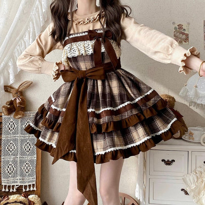 Pattern Autumnand Plaid Lolita Skirt Waist High Dress Brown Winter Jumper
