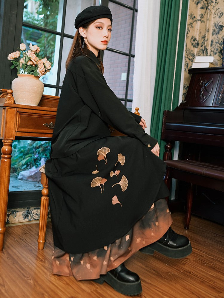 Cheongsam with Skirt Asymmetrical Layers Black Print Gothic Ginkgo Orange