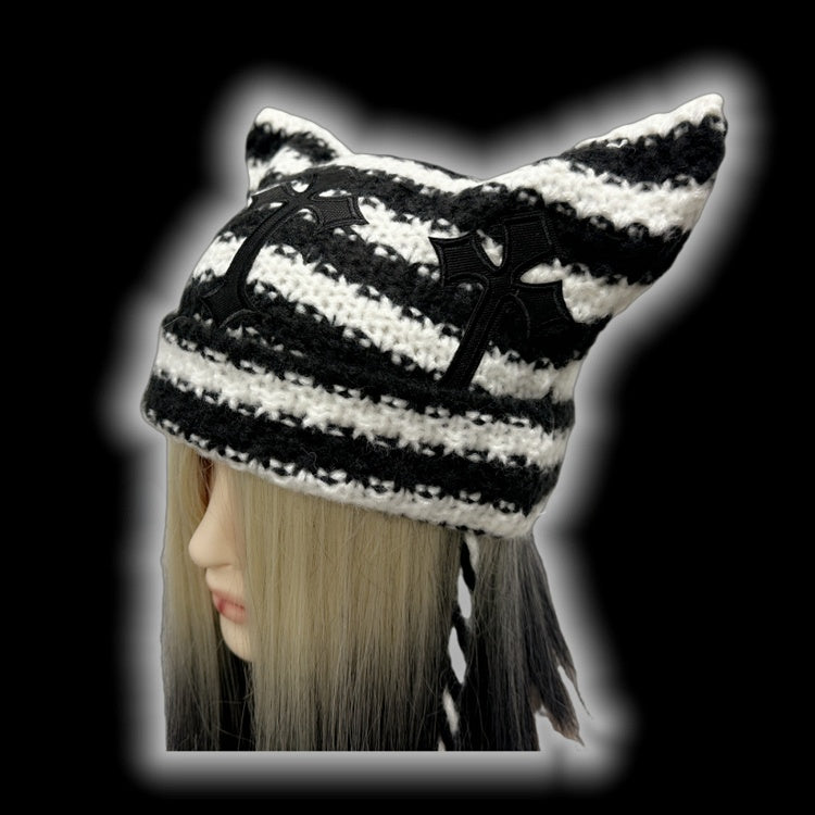 Black and White Cross Appliques Cat Ears Striped Beanie