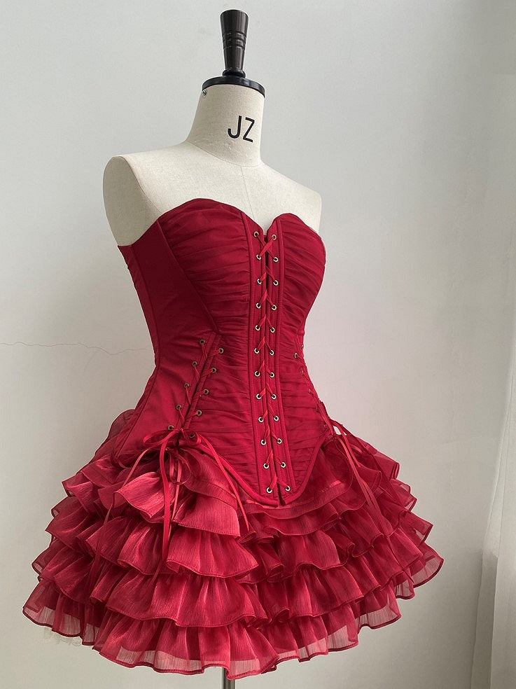 Hem Skirt Lolita Layered Drawstring Gothic Red Ruffle