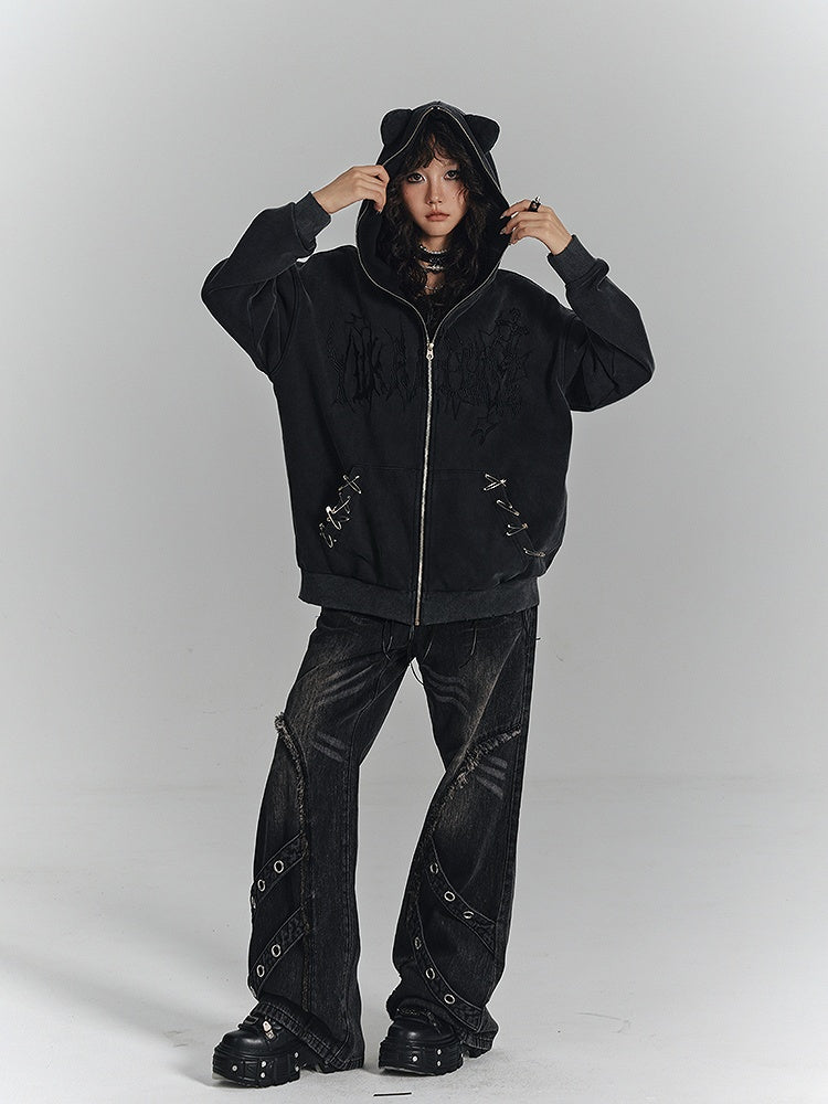 Punk Strips Denim Faded with Jeans Diagonal Raw Black Hem Wash Metal Eyelet