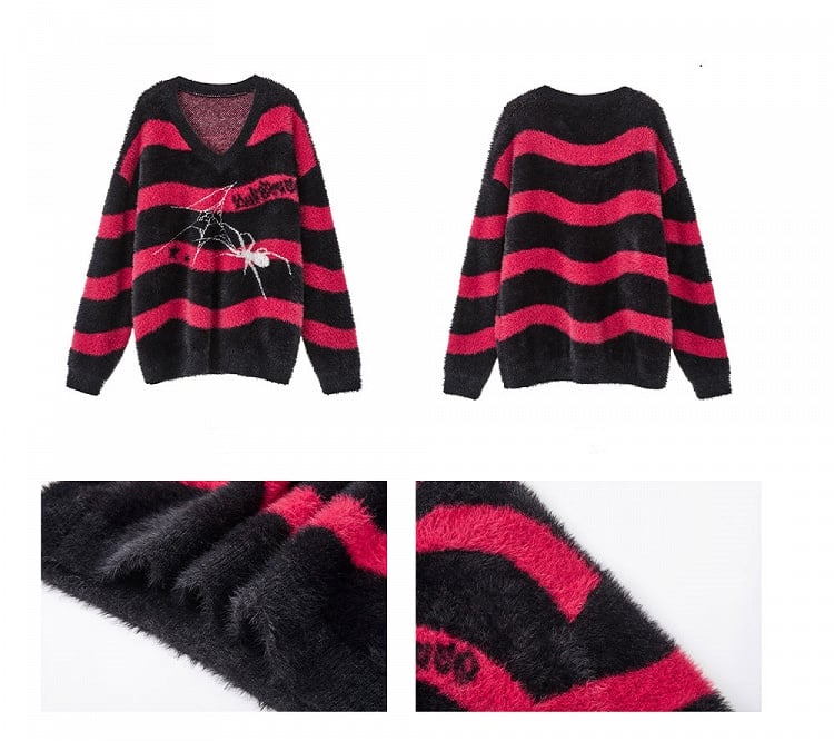 Black Punk Sweater Spider Red V-neck and Striped