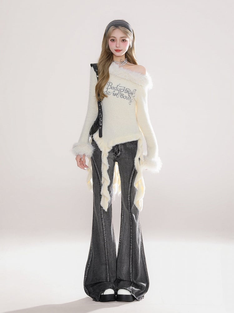 Trendy Black Flared Jeans with Furry Waist Belt - Rayohopp