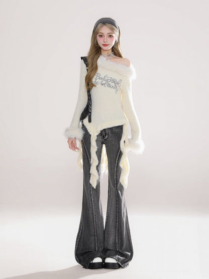 Trendy Black Flared Jeans with Furry Waist Belt - Rayohopp