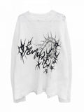 White Centipede Print Distressed Sweater - Alita26SS