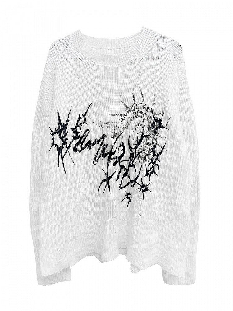 White Centipede Print Distressed Sweater - Alita26SS