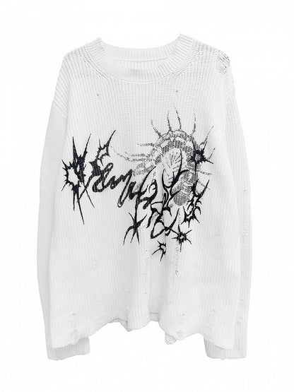 White Centipede Print Distressed Sweater - Alita26SS
