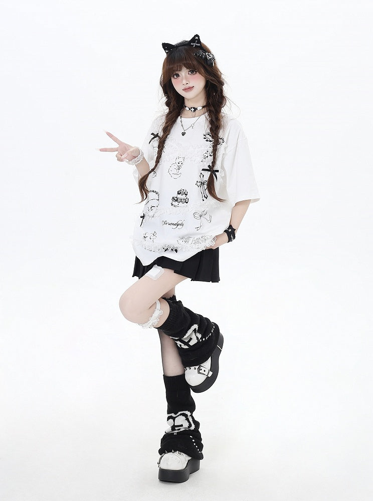 Lace Trim T-Shirt Neck Loose Black/White Cartoon Print Bittersweet Round