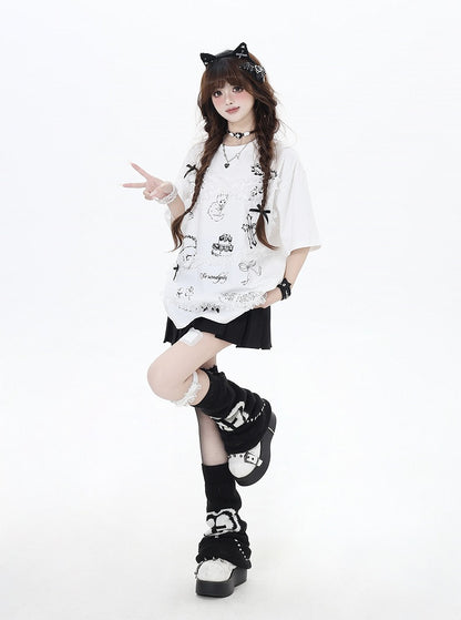 Lace Trim T-Shirt Neck Loose Black/White Cartoon Print Bittersweet Round
