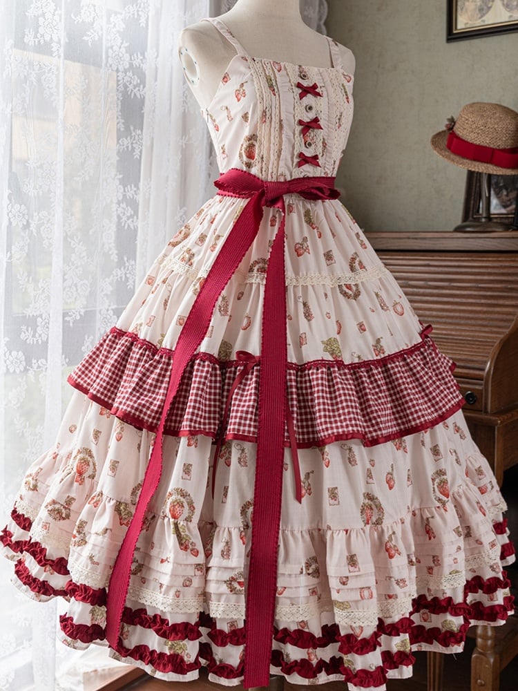 with Sweet Print Red Gingham and Dress Strawberry Ruffle Layers Lolita