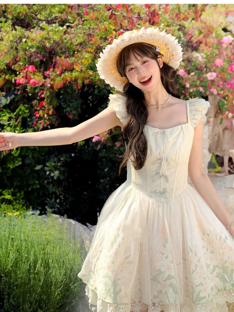 with Mesh Overlay Lily Print Dress Beige Flutter Sleeves Basque Waist