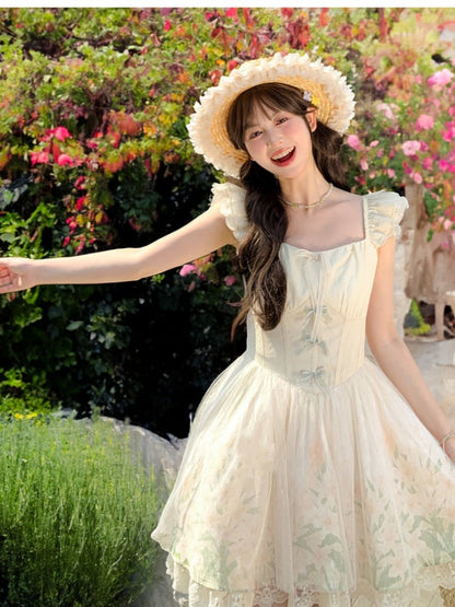 with Mesh Overlay Lily Print Dress Beige Flutter Sleeves Basque Waist