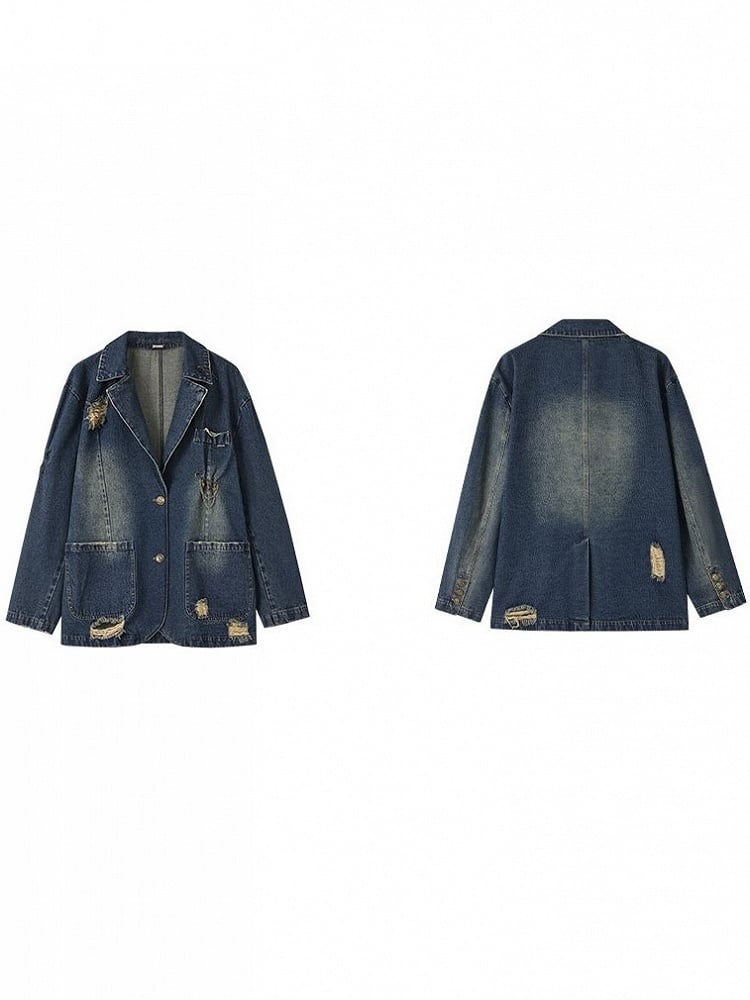 Blue Distressed Longline Vintage Fit Blazer Pockets with Denim 3D Hole Punk