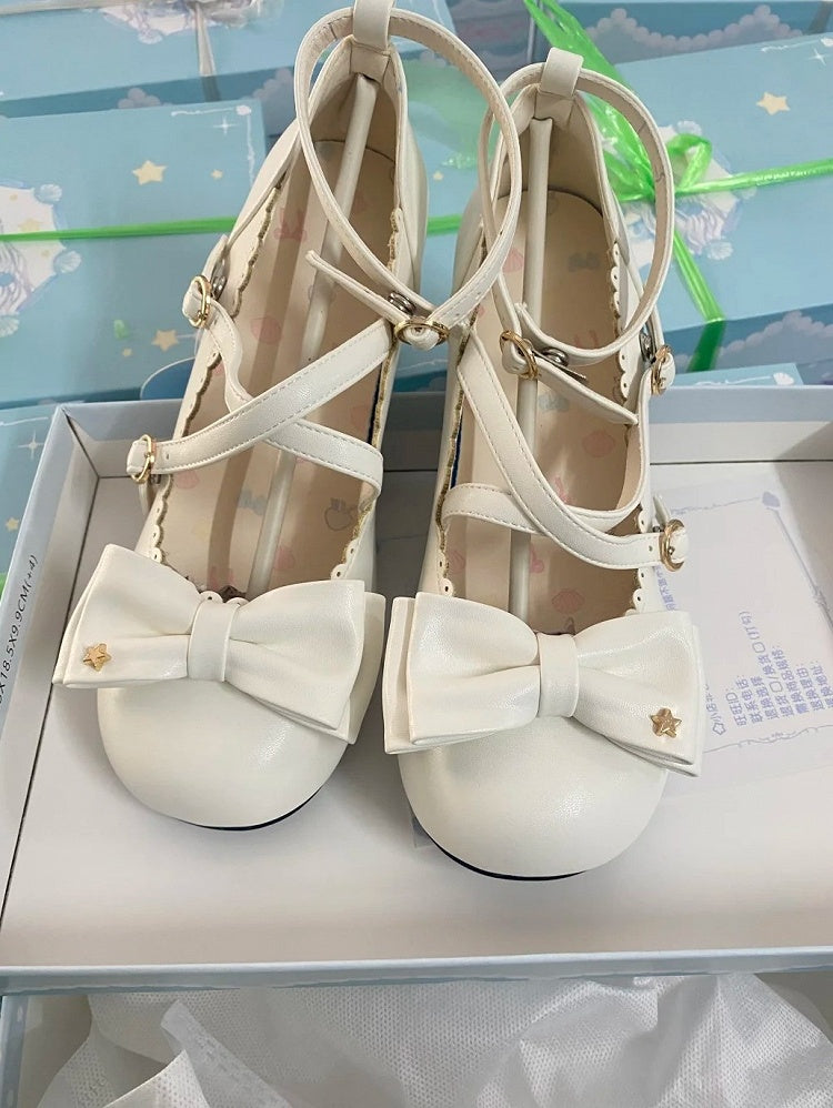 with Sweet Leather Jane PU Lolita White Snap Mid-heel Mary Shoes Round