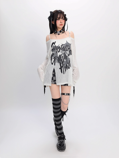 Y2K Schlitz Schwarz/Weiß Off-the-Shoulder Grafik Saum Ausschnitt Coverup