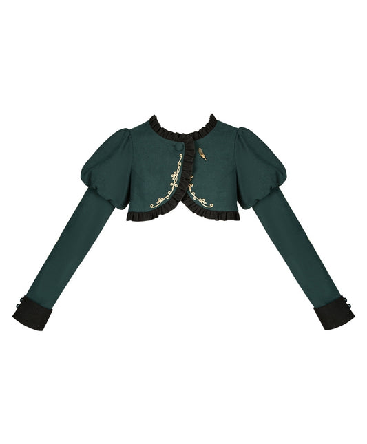 Cropped Golden Top with Embroidery Green Juliette Sleeves