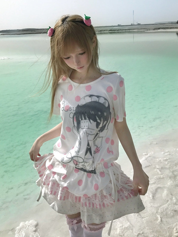 Adorable Polka Dot Short Sleeve Tee with Ruffled Hem - Yameko