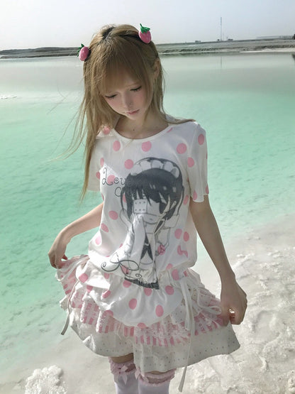 Adorable Polka Dot Short Sleeve Tee with Ruffled Hem - Yameko