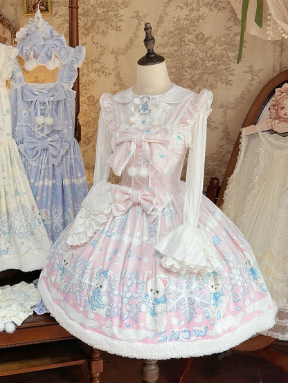 Pink Skirt Bear Lolita and Print Snowflake Winter Light Sweet Jumper with