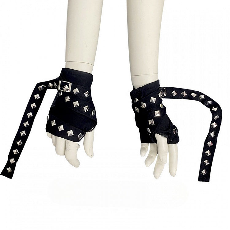 Schwarze Punk Gothic Nieten Riemen Fingerlose Handschuhe