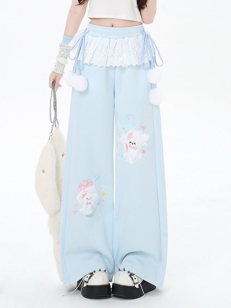 Pink with Pom-Pom Drawstrings and Puppy Embroidery Blue/Light Trim Light Gray/Light Wide-Leg Pants in Lace