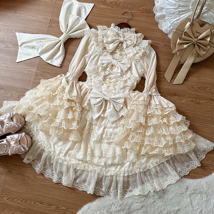 White Hanayome Lace Apricot Dress Lolita Jumper Decorated Skirt Trims Bows