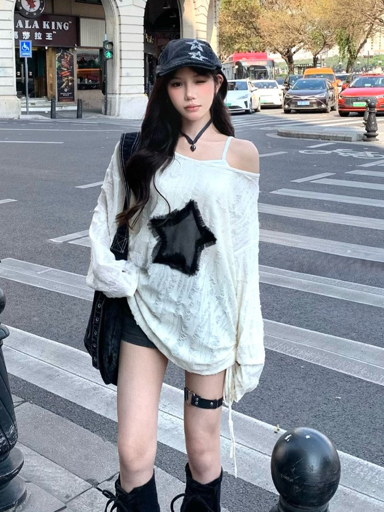 White with Graphic Detail Hole Hem Top Off-Shoulder Tie Star Distressed