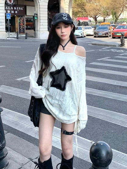 White with Graphic Detail Hole Hem Top Off-Shoulder Tie Star Distressed