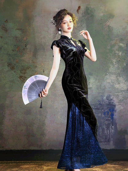 Chinese Black Blue Shimmer Velvet Long Qipao Swallow Embroidery - sijinstudio