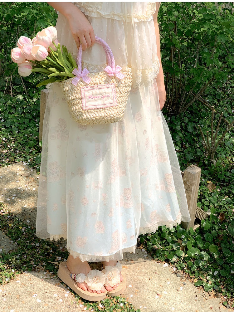 Mesh Overlay Beige Elastic Waist Cute Cartoon Print Skirt with
