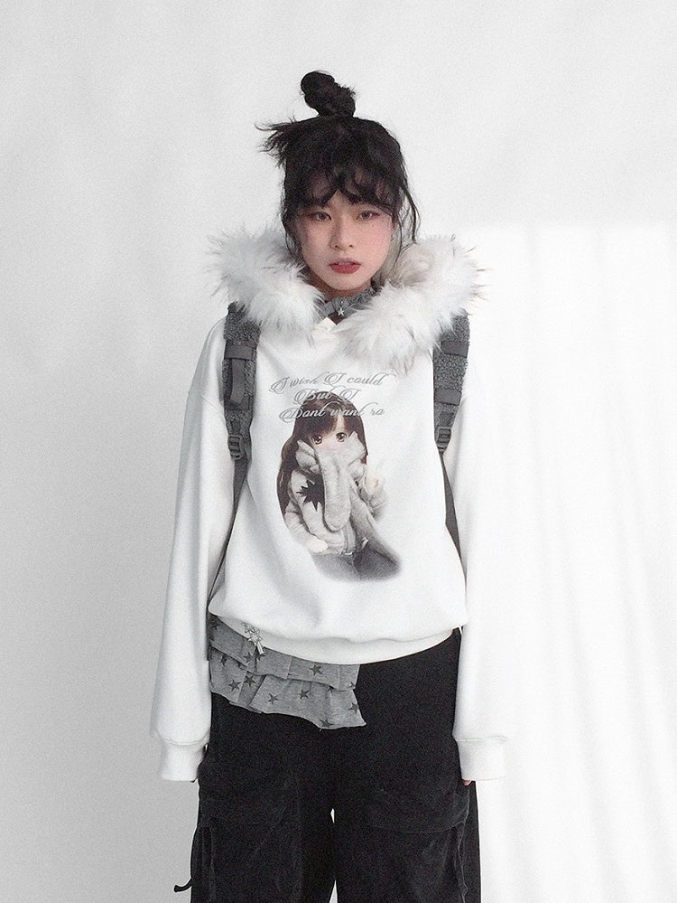 Hooded Detachable Girl Cartoon Print Trim Sweatshirt Hood Kawaii - Daily with Plush Letter