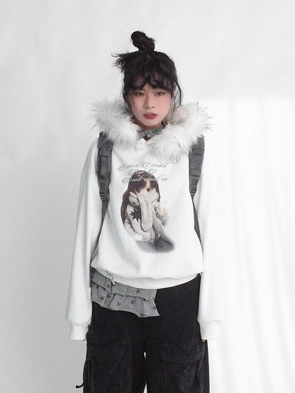 Hooded Detachable Girl Cartoon Print Trim Sweatshirt Hood Kawaii - Daily with Plush Letter