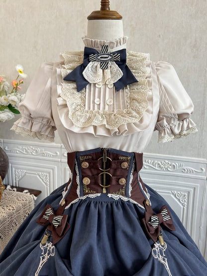 Aprikosenfarbenes Hemd mit Rüschenausschnitt + brauner Korsettgürtel + blauer Rock Steampunk Lolita Set