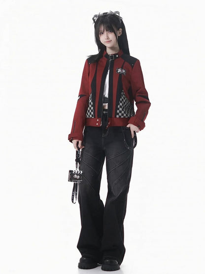 Futuristic Zipper Checked Red with Colorblock Black Jacket Inverted Techwear Motor