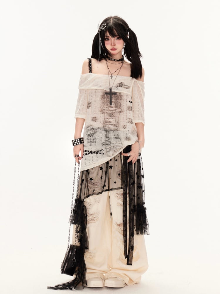 アプリコット/ブラック オフショルダー クロスストラップ カートゥーンガールプリント カバーアップ