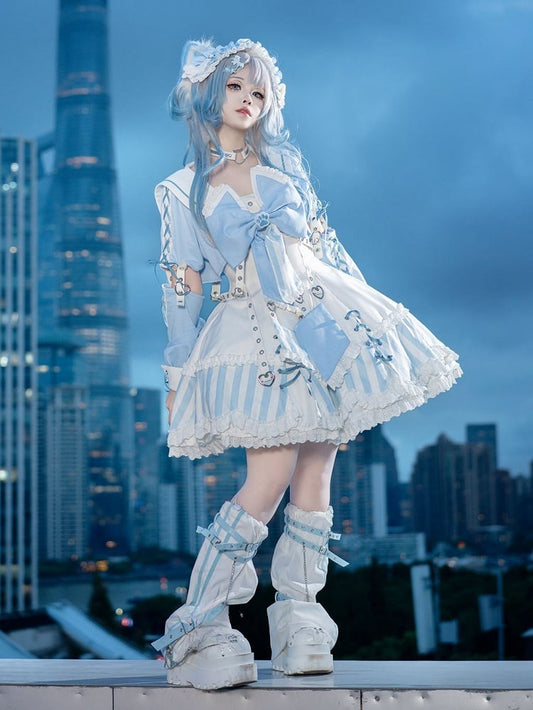 Kitty Light Bow Kaiwai Set Blaues JSK-Kleid Kurz geschnittenes Tenshi Lolita Sailor Striped Big Top Muster Ohren + - Kragen