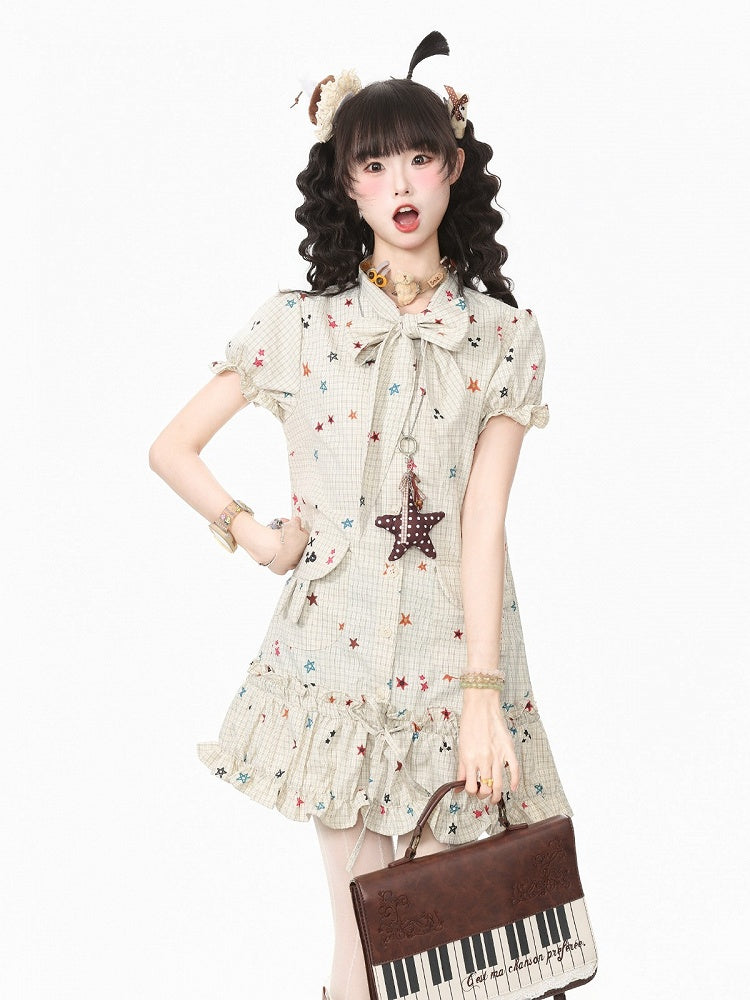 Beige Star Print Plaid Puff Sleeve Dress with Bow & Bunny Ear Pockets - Languid Park