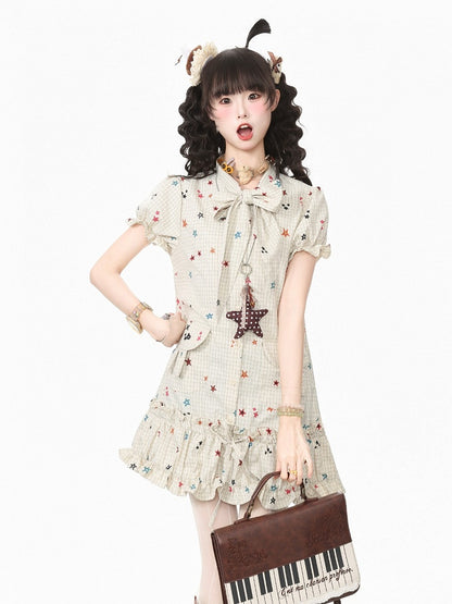 Beige Star Print Plaid Puff Sleeve Dress with Bow & Bunny Ear Pockets - Languid Park