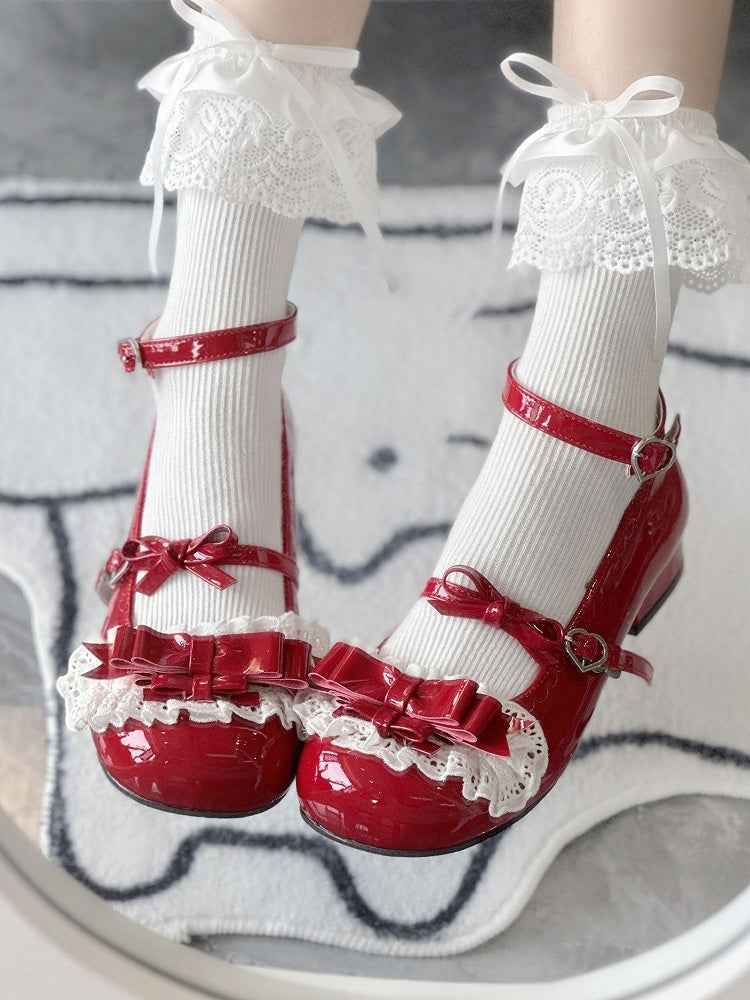 Sweet Low Delicate Leather Lolita Ruffled Heels Fastener Heart Red PU Lace - with
