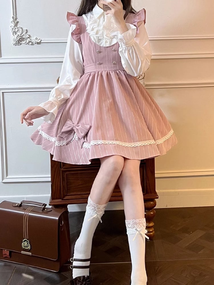 Rosa süßes, gestreiftes Kleid mit Schleife und Spitze, U-Ausschnitt über dem Knie