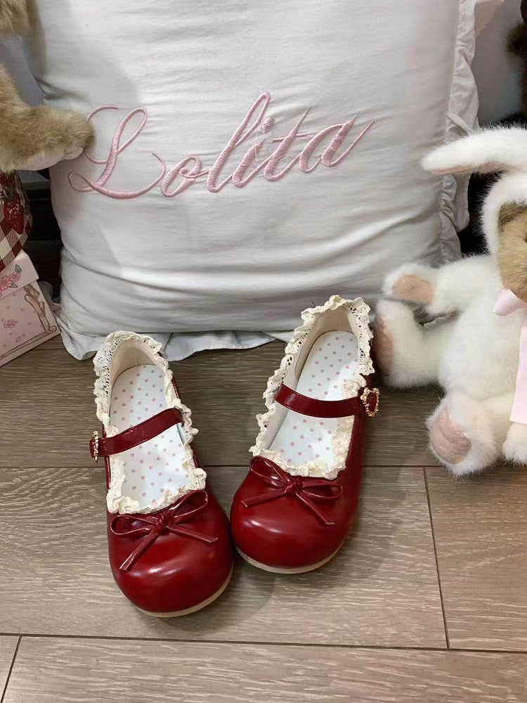 Wine Red Lolita Mary Jane Shoes with Bow and Lace - Rock Sugar Flower Roll