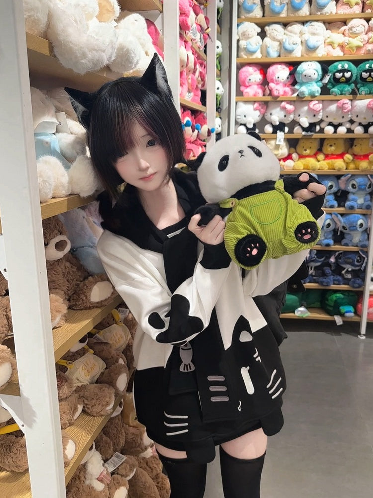 Sweatshirt with Detachable Sailor Collar Black Otaku-Kawaii Grumpy Cat Softgirl White Embroidery and