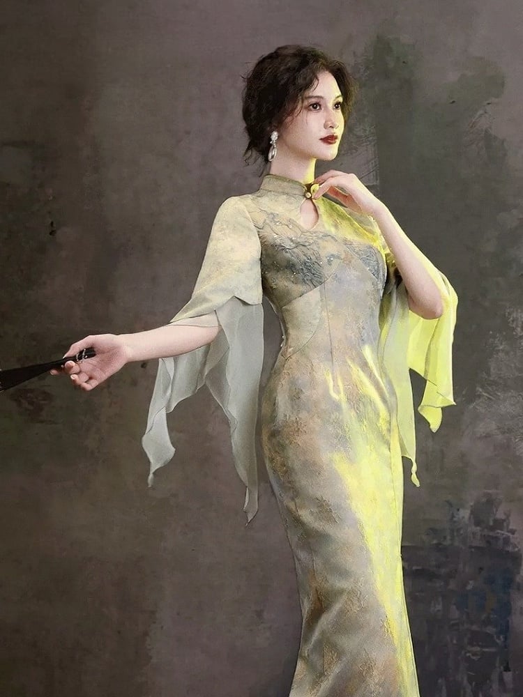 Green Chinese-Style Qipao Dress with Bow Embroidery, Cutout Design & Ruffle Accents - sijinstudio